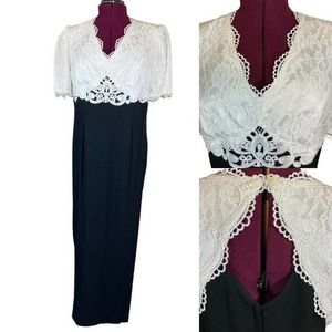 Rare VTG GUNNE SAX Jessica McClintock Maxi Wiggle Dress White Lace on Black 14W